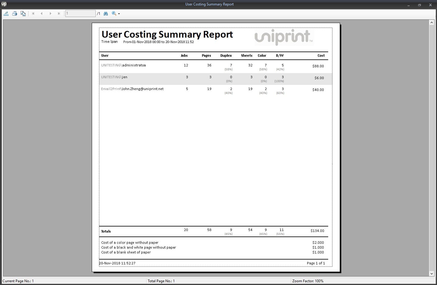 UP Print tracker tool - Print Statistics User Cost Summary Report